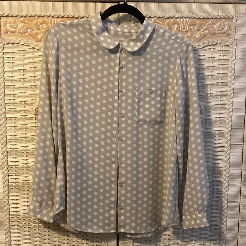 Ann Taylor Loft small semi-sheer silver and white polka dot blouse